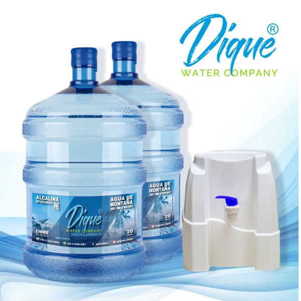 Pack 2 Envases + Recargas 20Lts. Agua de Vertiente de Montaña Alcalina + Dispensador Básico
